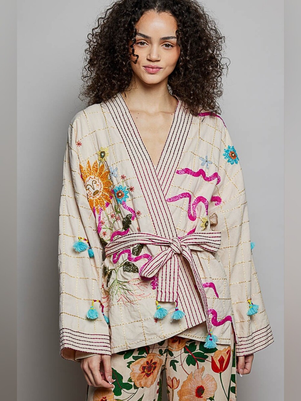 POL Celestial Sun & Floral Embroidered Beaded, 100% Cotton Belted Kimono